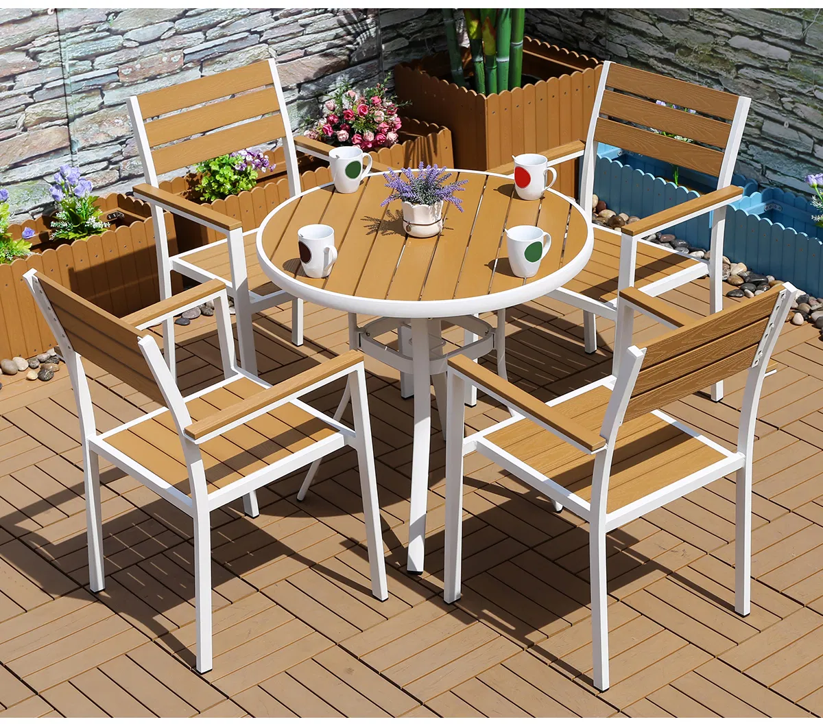Outdoor Restaurant Square plastic wood table and Chair Garden Furniture Outside Restaurant Dining Chairs