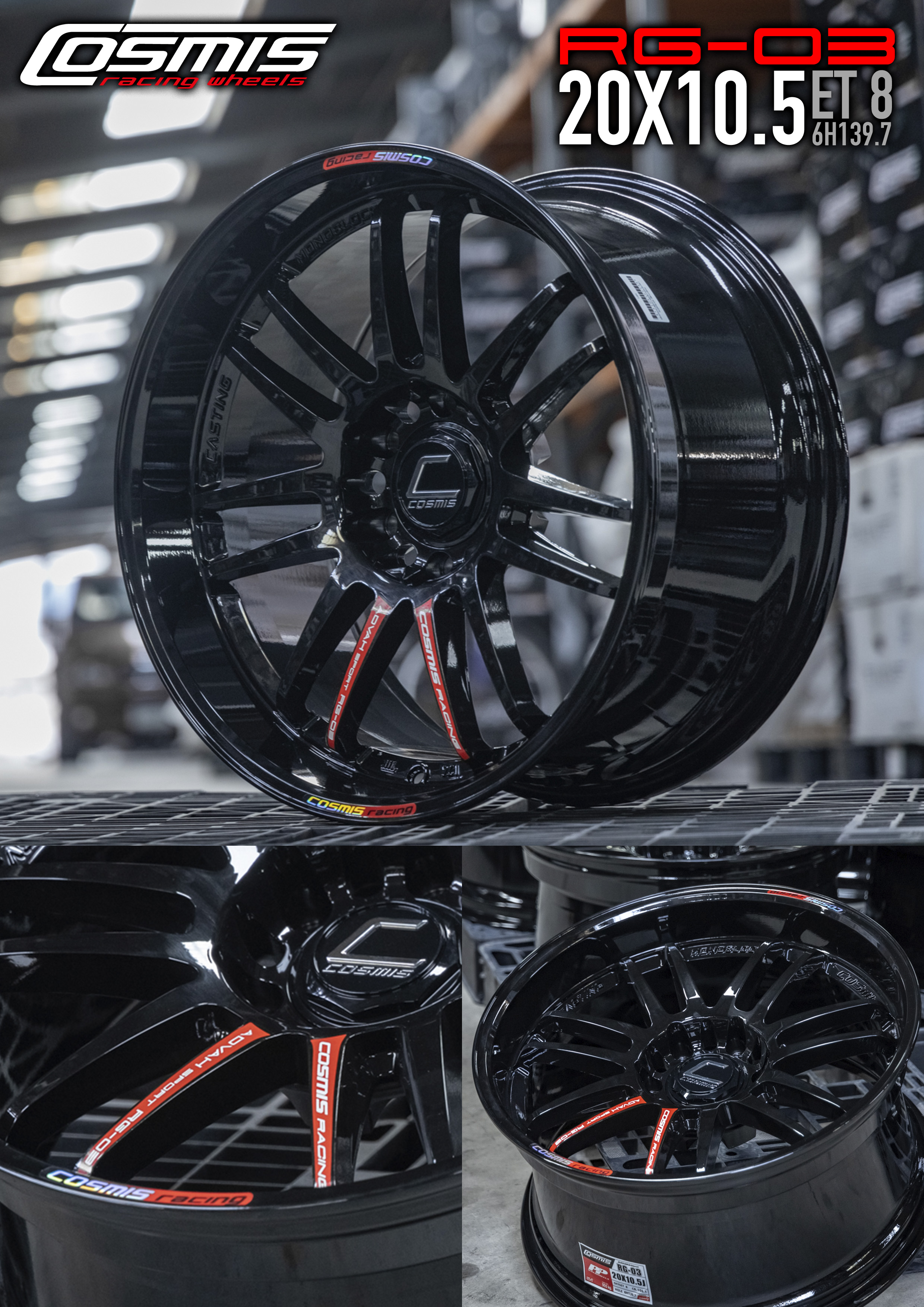 แม็กซ์ RG-03 20X10.5 6X139.7 ET8 CB.106.1 GLOSS BLACK+RED PLATE (สีดำเงาทั้งวง+เพลทแดง)
