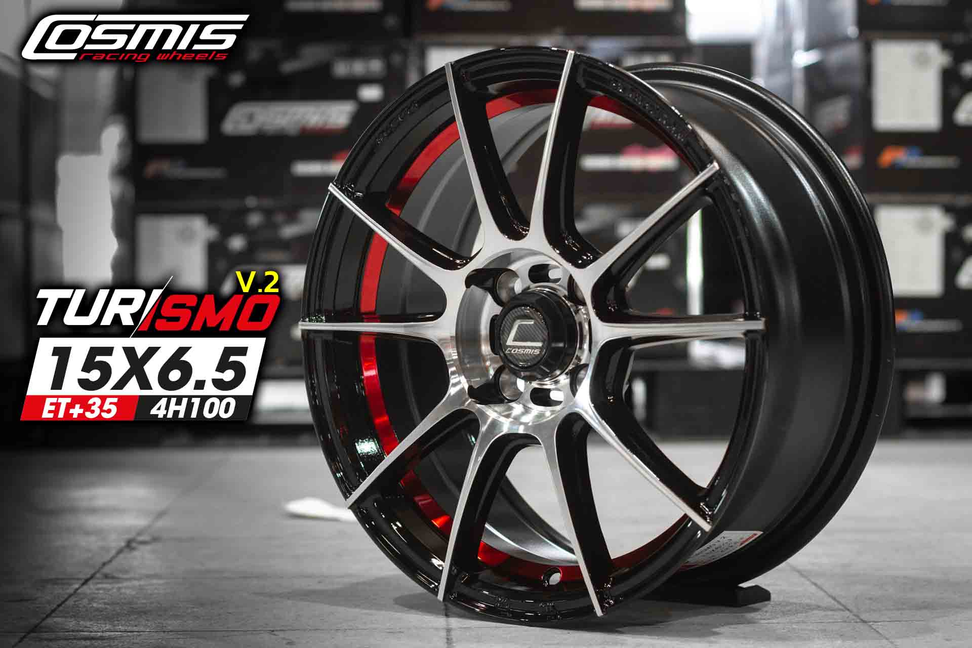 แม็กซ์ TURISMO V.2(YA3953) 15X6.5 4X100 ET35 CB.67.1 "R"BP (สีหน้าเงาร่องดำท้องแดง)
