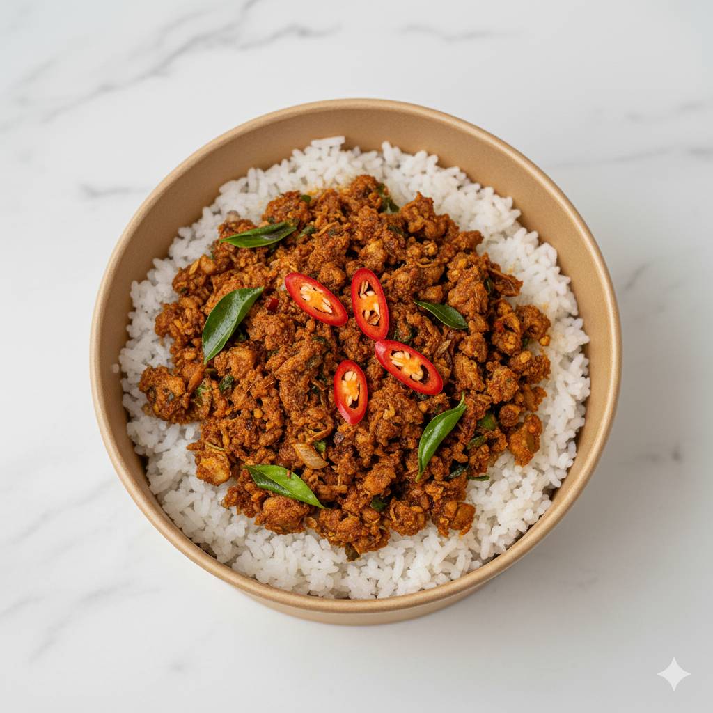 ข้าว+ปลาแกะเนื้อคั่วกลิ้ง+พริกแกงเผ็ดใต้ 750 กรัม