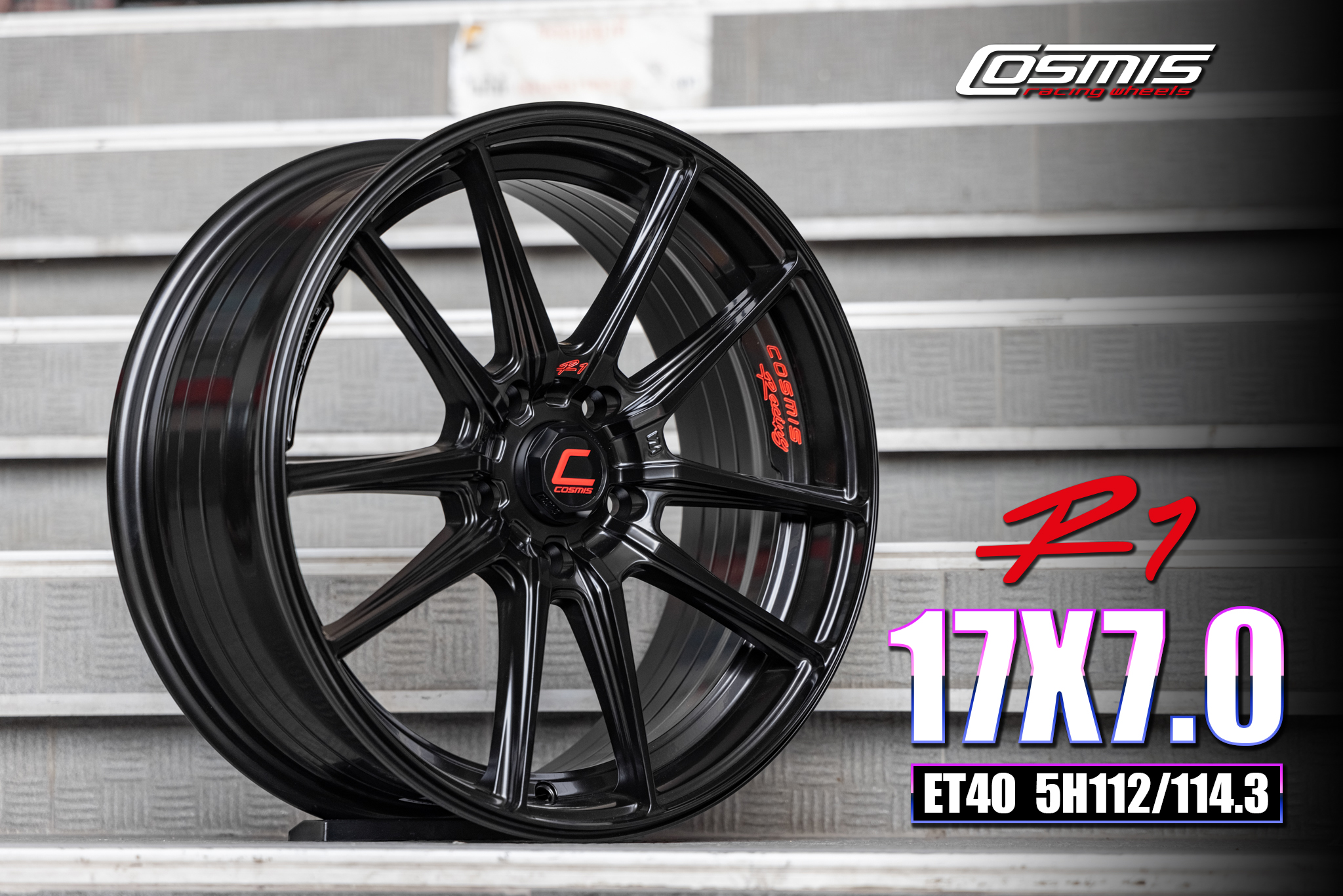 แม็กซ์ R1(9946) 17X7.0 5X113 ET40 CB.73.1 BLK-(R)XZ/M3 (สีดำด้านหยอดตัวหนังสือแดง)Custom