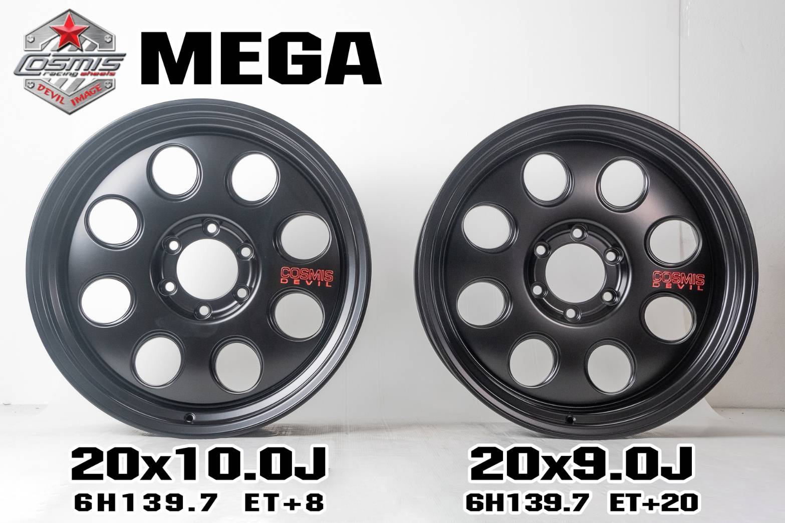 แม็กซ์ MEGA 20X10.0 6X139.7 ET8 CB.106.1 MT(R)D3BK) (สีดำด้านทั้งวง+ตัวหนังสือที่ก้านสีแดง)