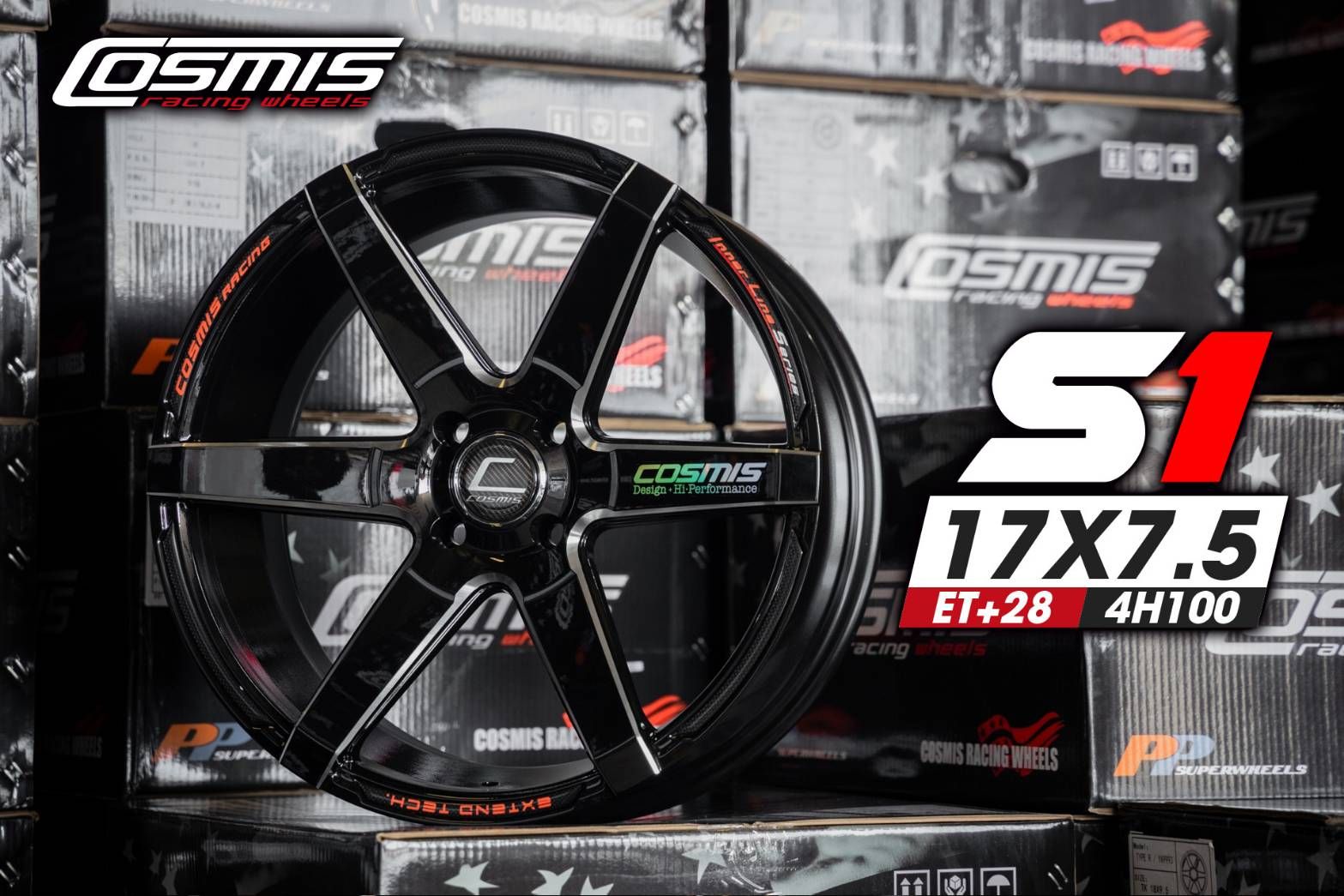 แม็กซ์ INNERLINE.S1(9929) 17X7.5 4X100 ET28 CB.73.1 BLK-W PLATE (สีดำทั้งวง+มิลลิ่งข้างก้าน+เพลท)