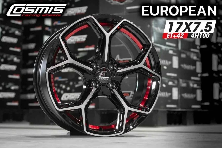ล้อแม็กซ์ COSMIS EUROPIAN (3368) 17X7.5 4X100 ET42 CB.73.1 (R)BP-XZ (สีหน้าเงาร่องดำท้องแดง+CNCตัวหนังสือ)