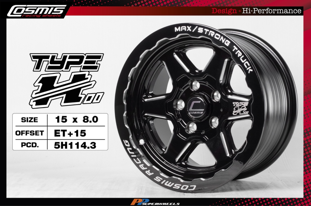 ล้อแม็กซ์ COSMIS TYPE-H 15X7.5 5X114.3 ET15 CB.73.1 GLOSS BLACK+CN SPOKE (สีดำเงาCNCข้างก้าน+CNCตัวหนังสือที่ขอบ)
