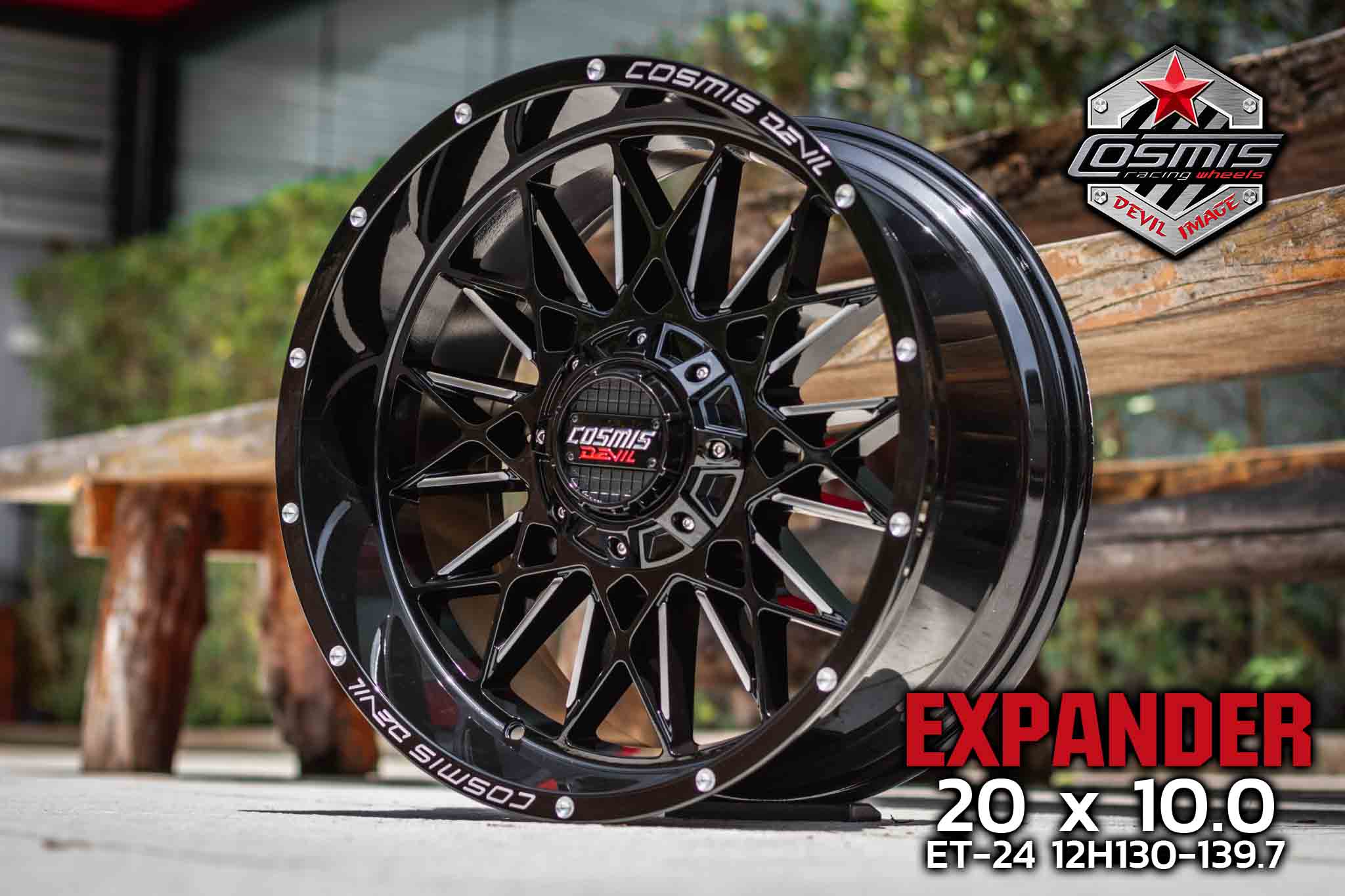 แม็กซ์ Expander(1594) 20X10.0 6X130 6X139.7 ET-24 CB.106.1 GLOSS/BLACK-W-XZ/Revet (สีดำเงา+CNCข้างก้าน+CNCตัวหนังสือที่ขอบ+มุดเงินที่ขอบ)