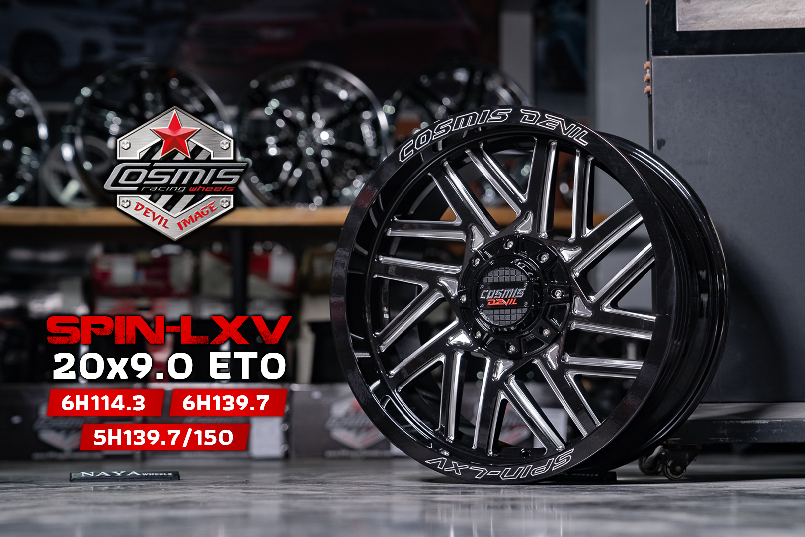 แม็กซ์ SPIN-LXV(1816) 20X9.0 6X139.7 ET0 CB.106.1 GLOSSBLACK+MILLING(K) (สีดำCNCข้างก้าน+CNCตัวหนังสือที่ขอบ)