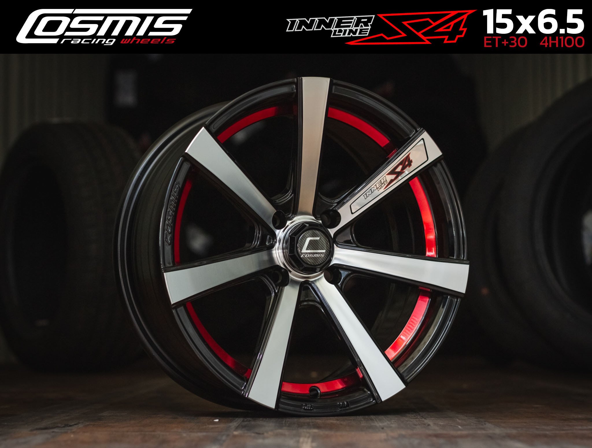COSMIS INNERLINE S4 15X6.5 4H100 ET+30 (สีดำมิลลิ่งก้านเงา ท้องแดง)
