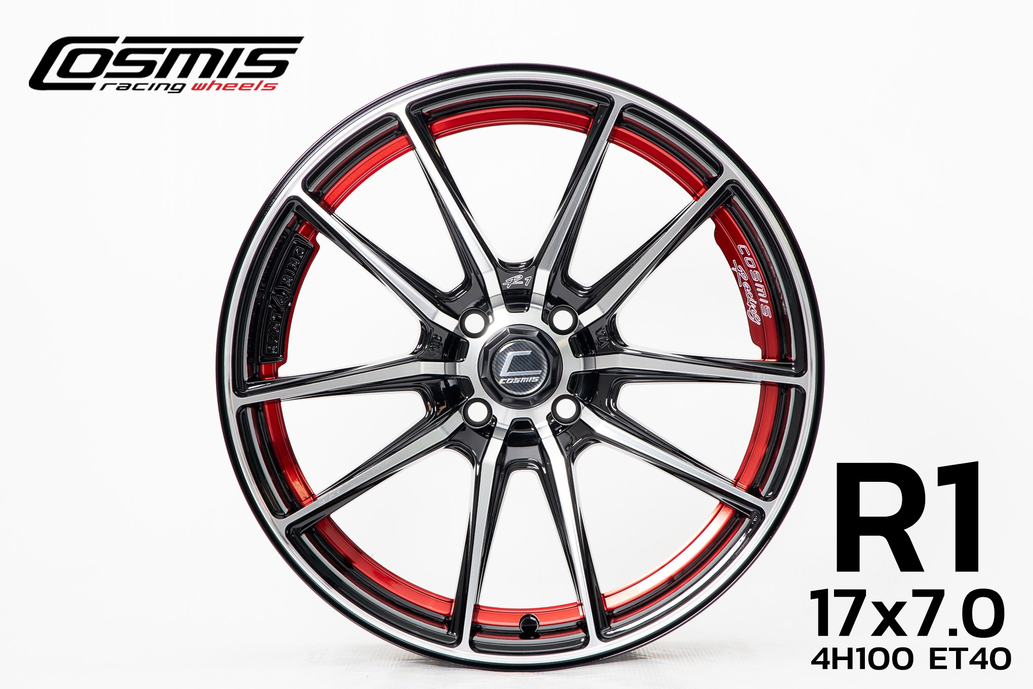 แม็กซ์ R1(9946) 17X7.0 4X100 ET40 CB.73.1 ((R))B-P-XZ (สีหน้าเงาร่องดำท้องแดงกลึงตัวหนังสือ)