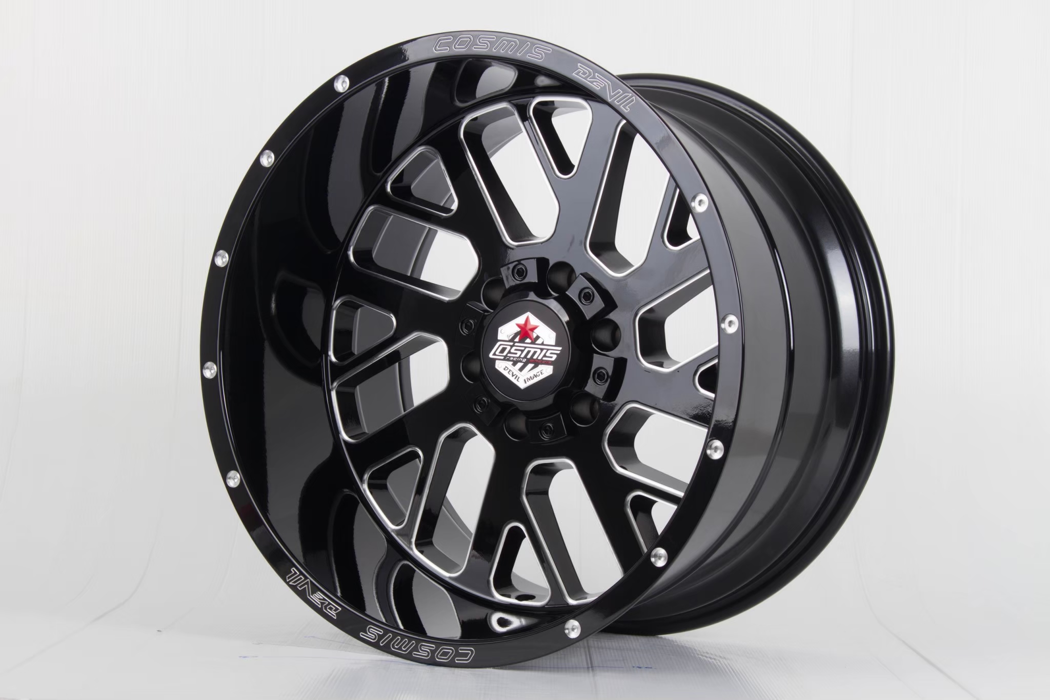 แม็กซ์ SOCKER(YA3282) 22X12.0 6X139.7 ET-44 CB.106 BLK-W-R-XZ (สีดำทั้งวงCNCข้างก้าน+ตัวหนังสือ)