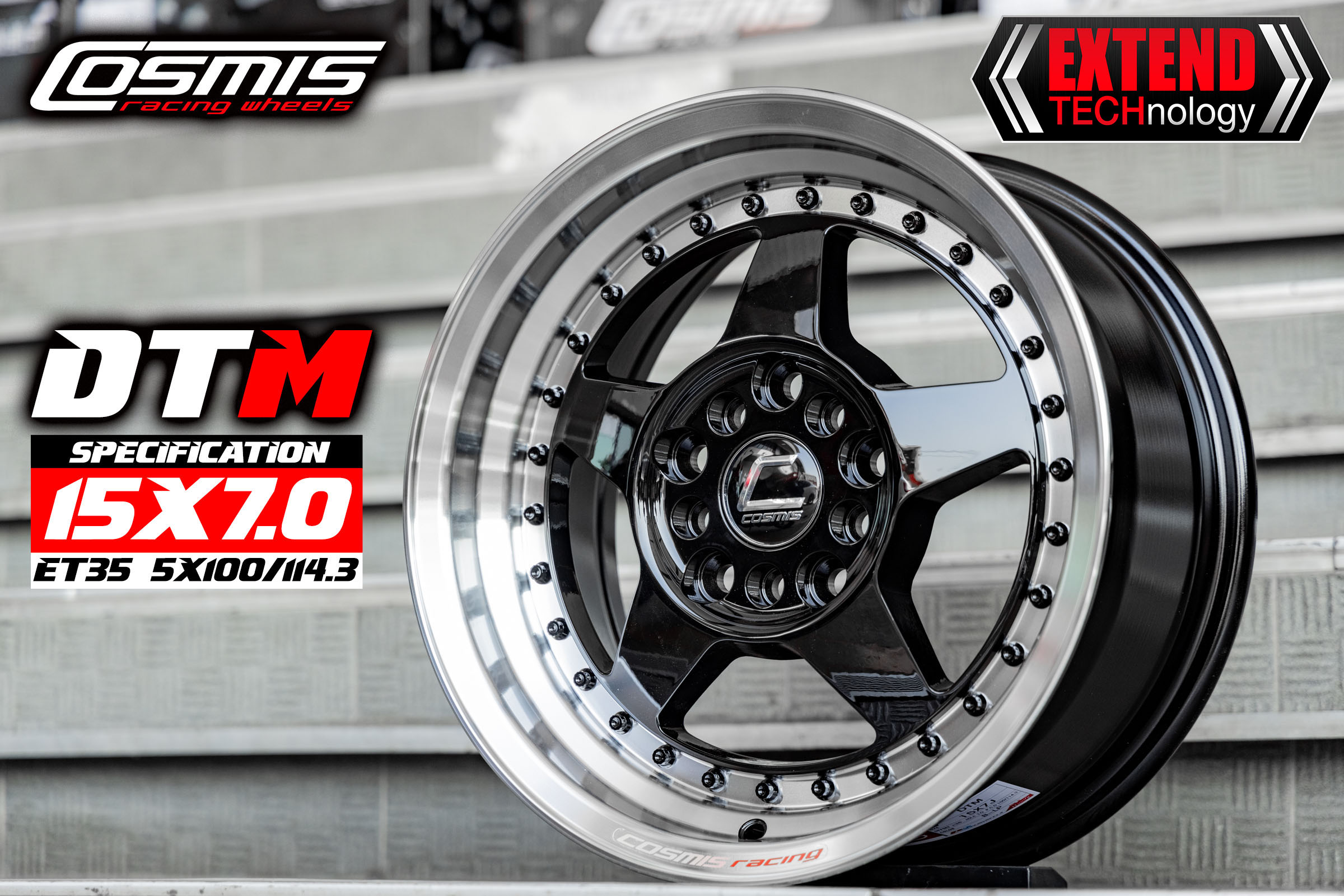 ล้อแม็กซ์ COSMIS DTM (8520) 15X7.0 10X100/114.3 ET35 CB.73.1 B-LP+REVESTBLACK (สีดำ+ขอบเงา+หมุดดำ)
