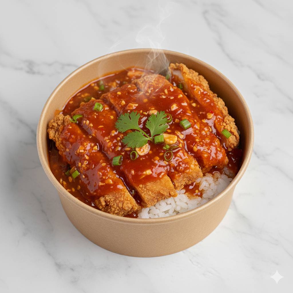 ข้าว+ไก่ทอดกรอบ+ราดซอส3รสชาติเผ็ดเปรียวหวาน 750 กรัม