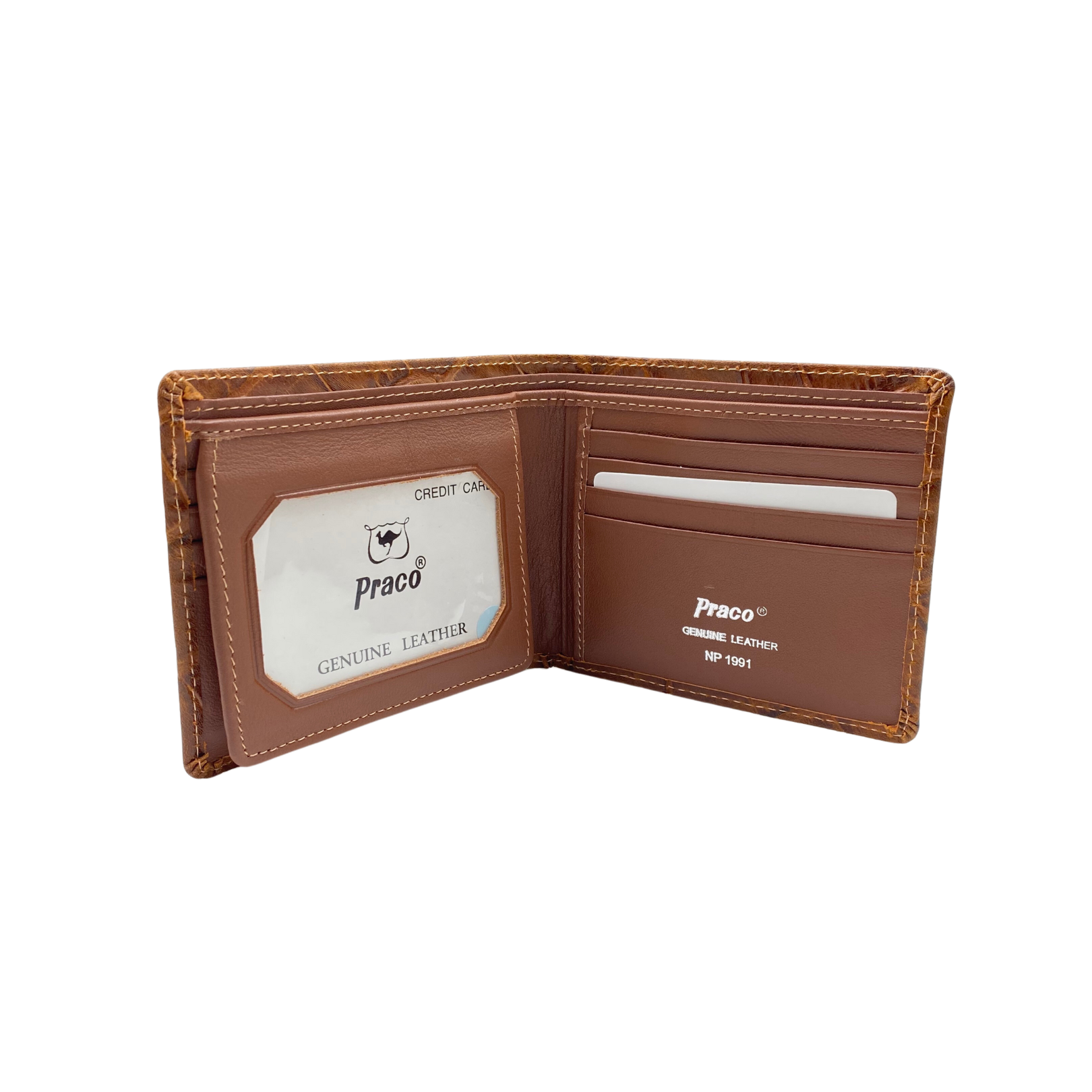 กระเป๋าสตางค์สั้น ใส่บัตร ใส่รูป หนังวัวอัดลายจระเข้ Praco ปราโก้ รุ่น CC1991 สีน้่ำตาล