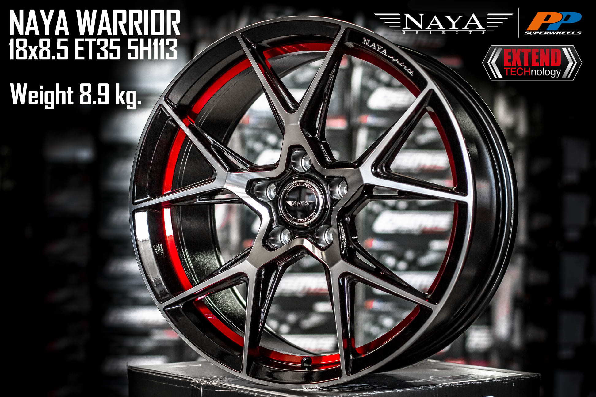 NAYA WARRIOR 18X8.5 ET35 5H113 (สีดำ มิลลิ่งหน้าเงา ร่องท้องแดง)