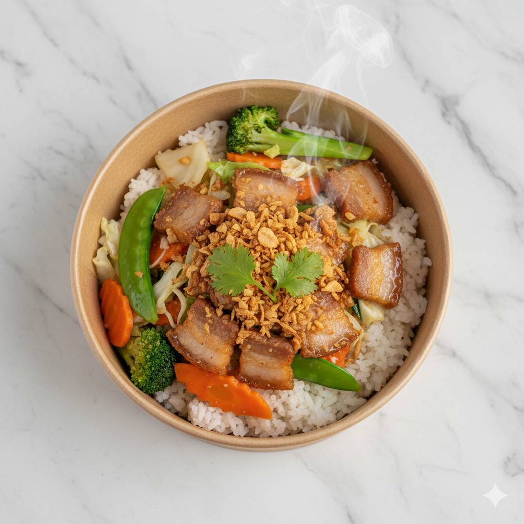 ข้าว+ผัดผักรวม+หมุสามชั้นทอดกรอบ 750 กรัม