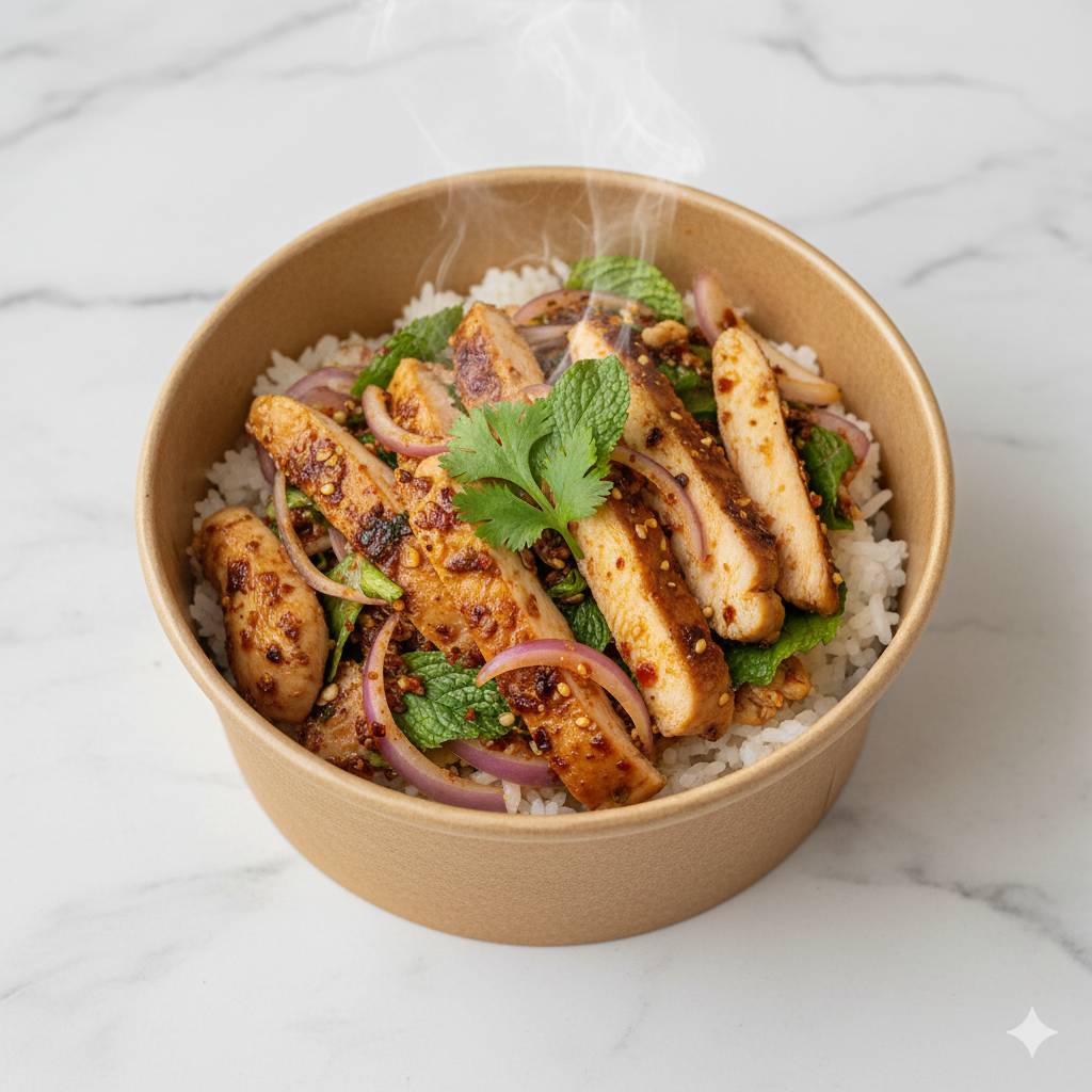 ข้าว+น้ำตกเนื้อไก่ติดหนัง+ใส่สูตรน้ำปลาร้าเด็ด 750 กรัม