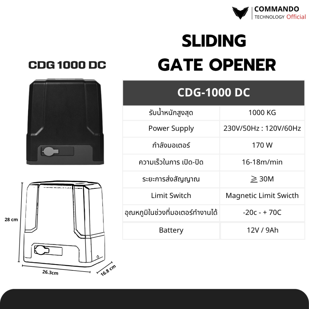 มอเตอร์ประตูรีโมท COMMANDO รุ่น CDG-1000DC มีแบตเตอรี่ในตัว ไฟดับก็ใช้งานได้ รับประกันมอเตอร์ 5 ปี