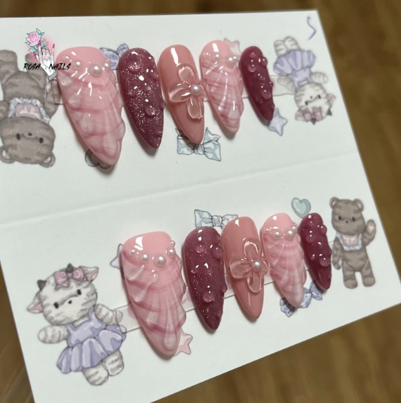เล็บปลอมสำเร็จรูปเปลือกหอยอัลมอนด์ฤดูใบไม้ผลิฤดูใบไม้ร่วงและ3Dสีชมพู 10นิ้ว/ชุด