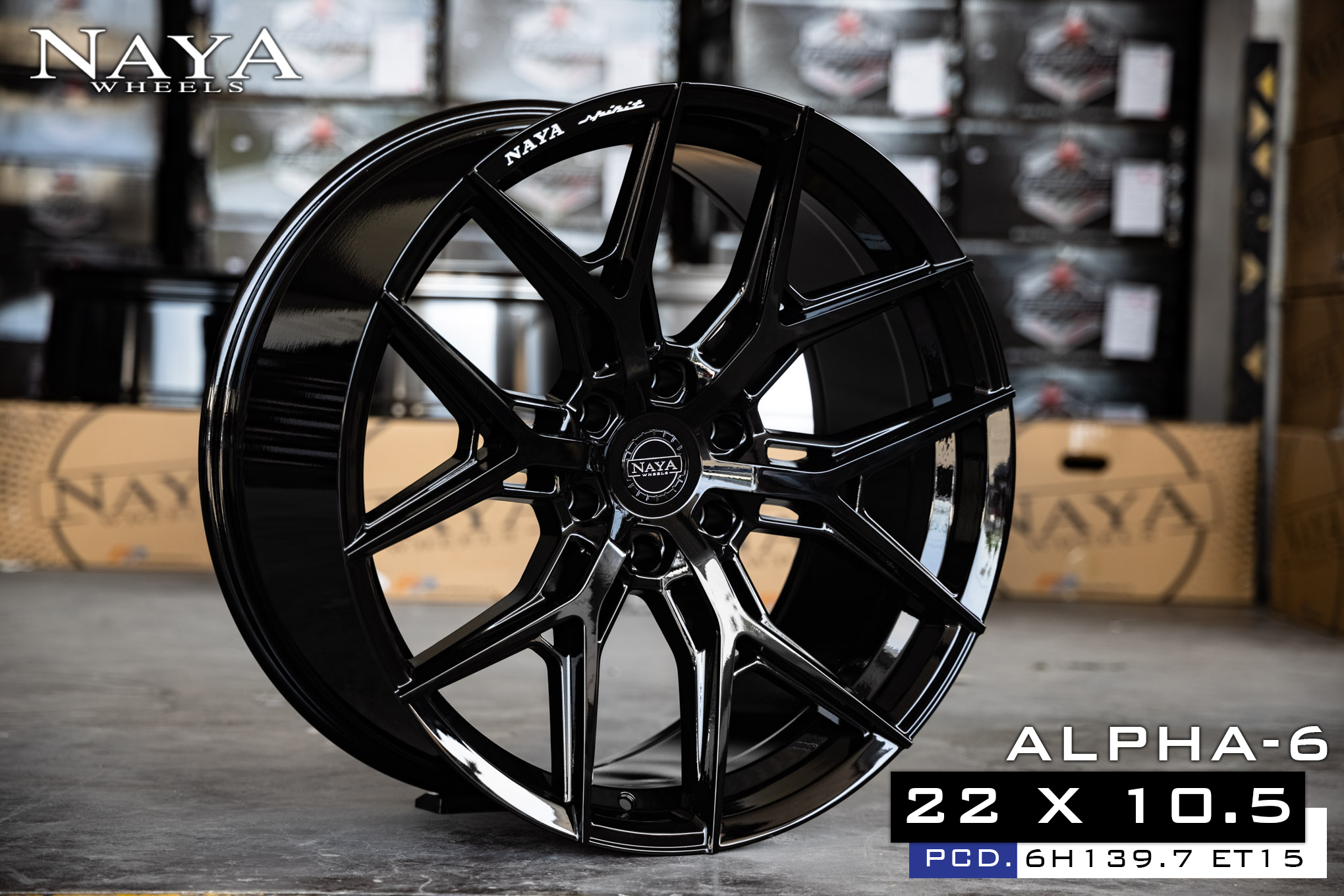 แม็กซ์ ALPHA-6(1673) 22X10.5 6X139.7 ET15 CB.106.1 GLOSS BLACK-XZ (สีดำเงาทั้งวง+CNCตัวหนังสือ)