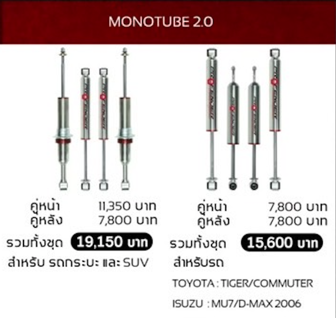 โช๊คอัพ PROFENDER MONOTUBE2.0 ใส่รถ ISUZU, TOYOTA, กระบะ, SUV