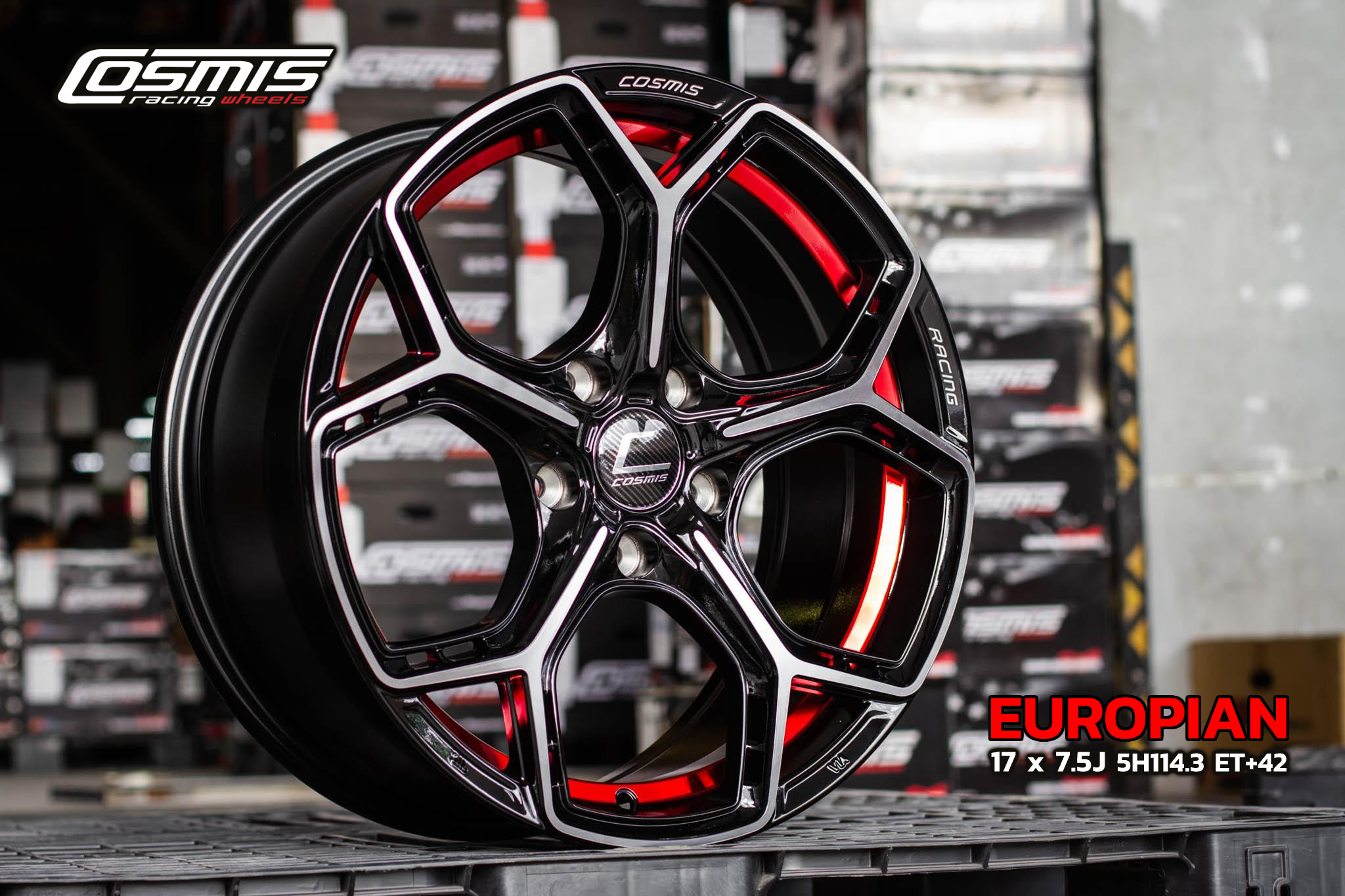 แม็กซ์ EUROPIAN(3368) 17X7.5 5X114.3 ET42 CB.73.1 (R)BP-XZ (สีหน้าเงาร่องดำท้องแดง+CNCตัวหนังสือ)