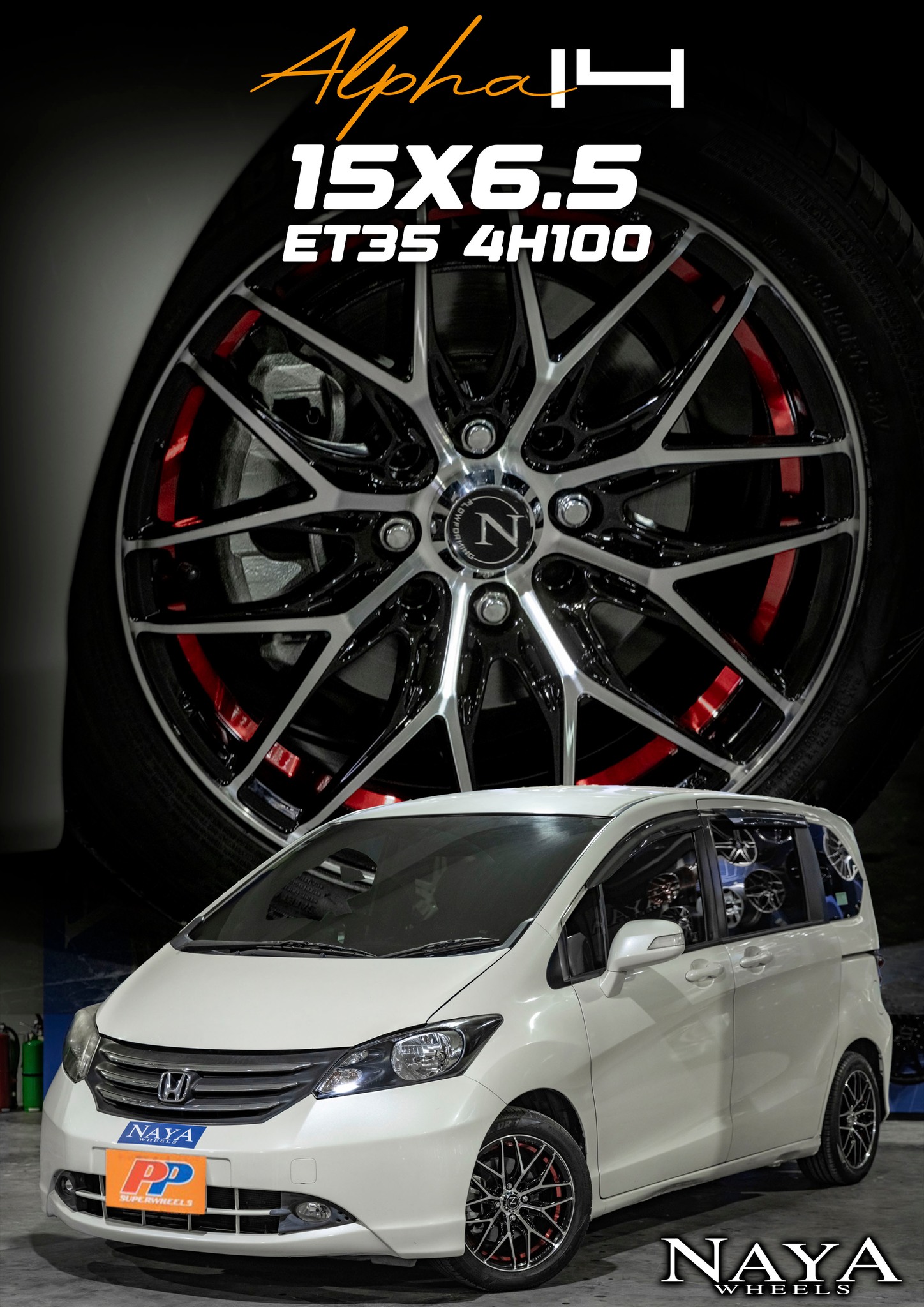 แม็กซ์ ALPHA-14(SLA001) 15X6.5 8X100/114.3 ET35 CB.67.1 (R)B-P (สีหน้าเงาร่องดำท้องแดง)