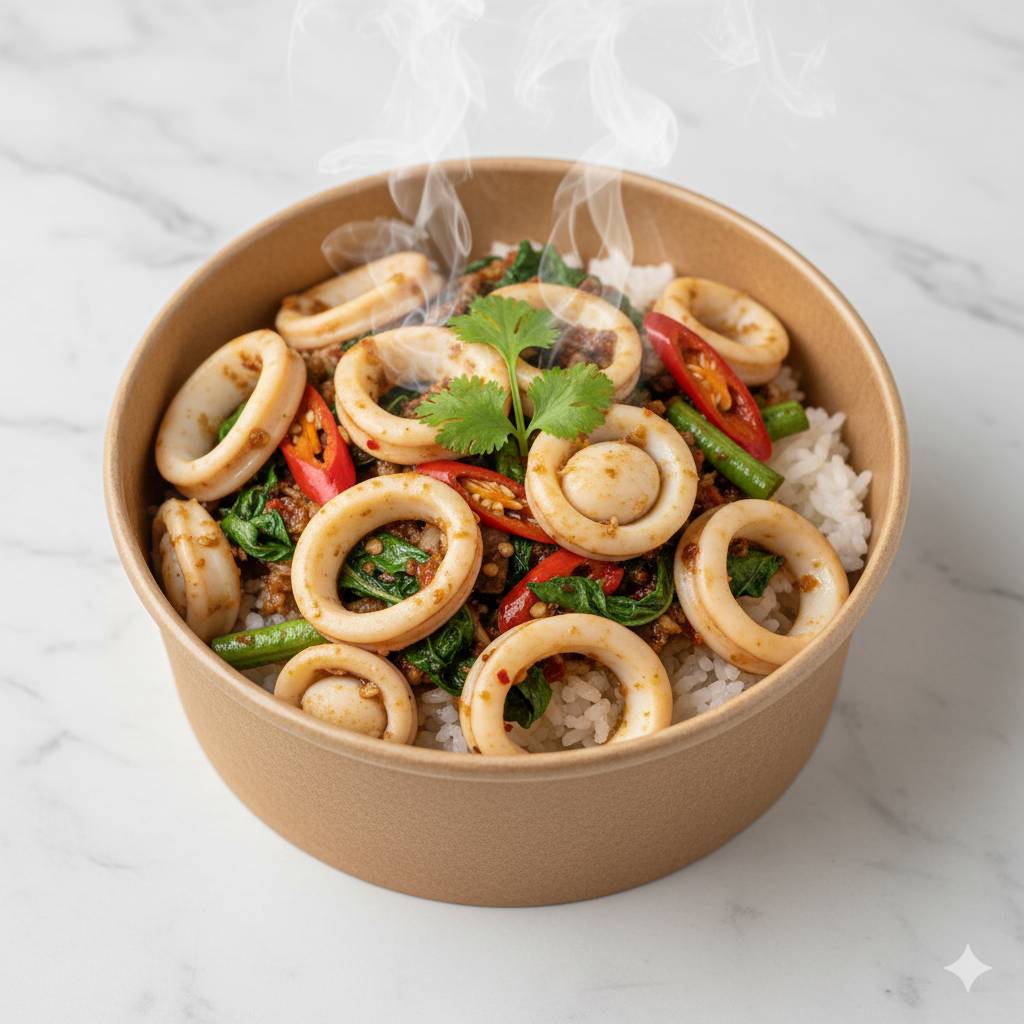 ข้าว+กระเพรา+ปลาหมึกสดทั้งตัว 750 กรัม