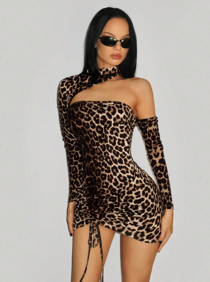 ชุดเดรสลายเสือดาว เดรสเข้ารูป Bodycon แขนยาว ไปงานปาร์ตี้