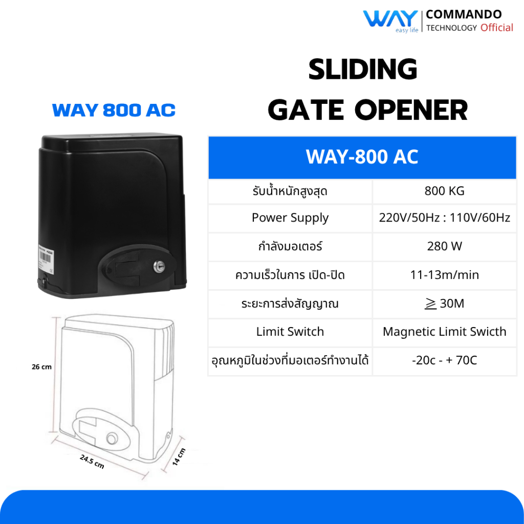 มอเตอร์ประตูรีโมท WAY รองรับน้ำหนักสูงสุด 800KG ลดกระหน่ำ พิเศษแถมรีโมทเพิ่ม 1 ตัว ประกันสูงสุด 2 ปี
