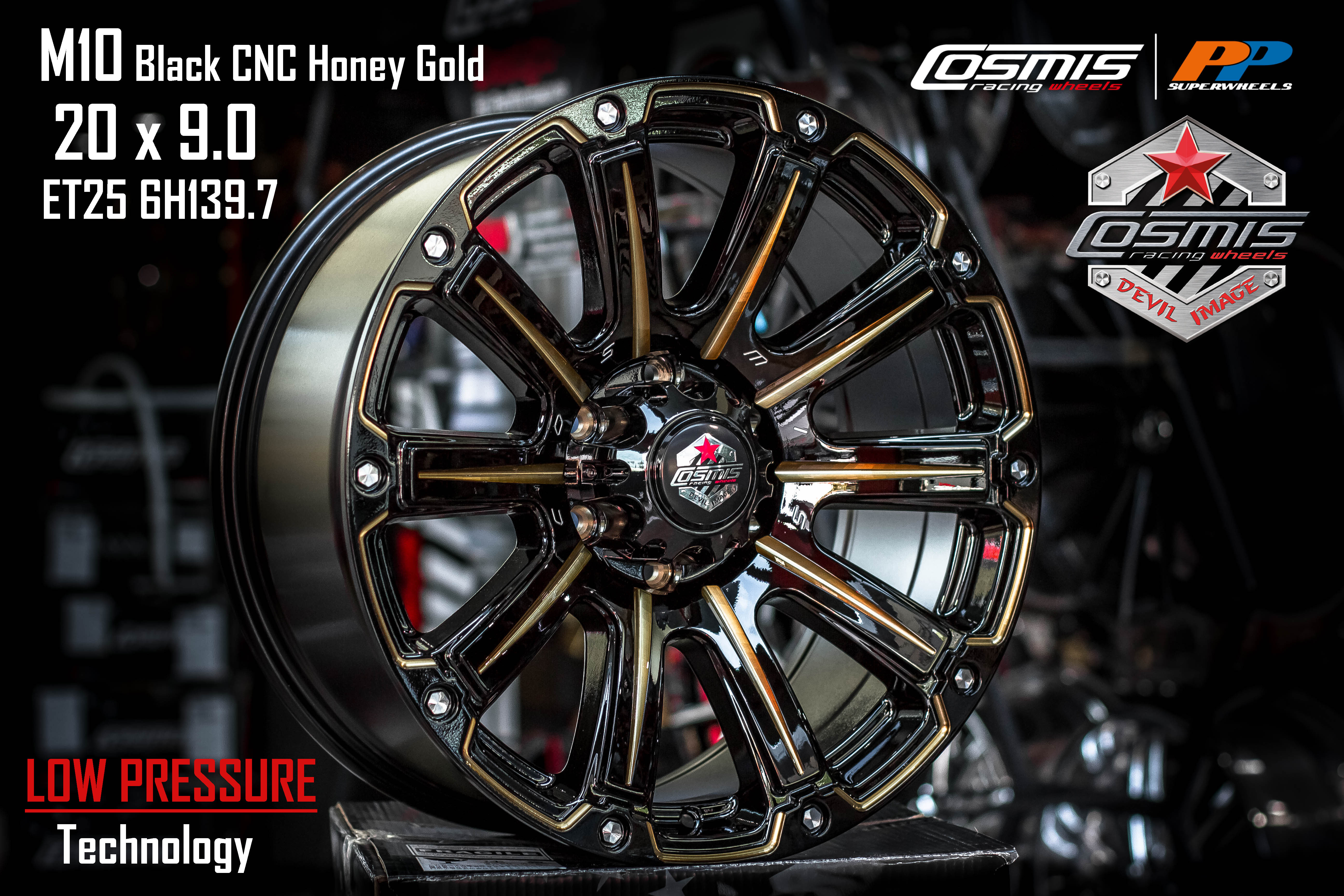 แม็กซ์ DEVIL-M-10 (D2825) 20X9.0 6X139.7 ET25 CB.106 B-LPTG-XZ (สีดำทั้งวง+ขอบไดร์ทอง+CNCตัวหนังสือ)