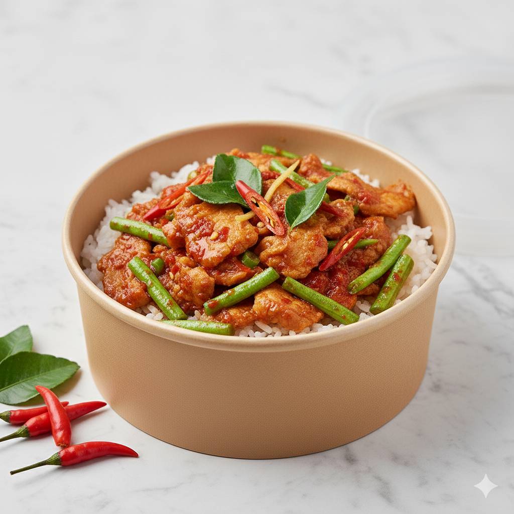 ข้าว+หมูผัดพริกแกงเผ็ดใต้+ใส่ถั่วผักยาว 750 กรัม