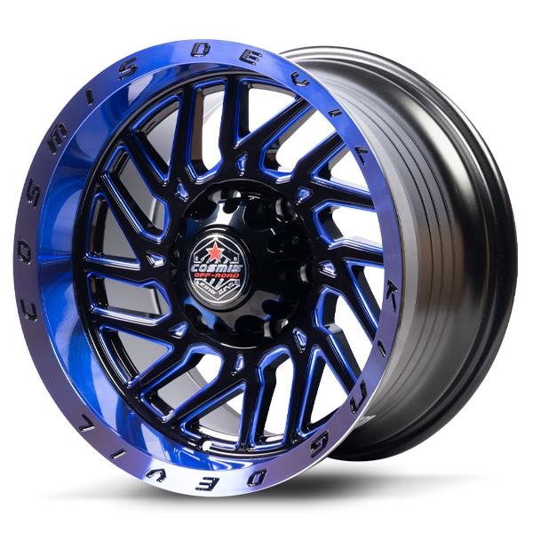 ล้อแม็กซ์ COSMIS KING-DEVIL (YA048) 16X9.0 6X139.7 ET0 CB.106 B-LPU-WU(X) (สีดำ+ขอบน้ำเงิน+CNCข้างก้านน้ำเงิน+ตัวหนังสือที่ขอบ) Custom