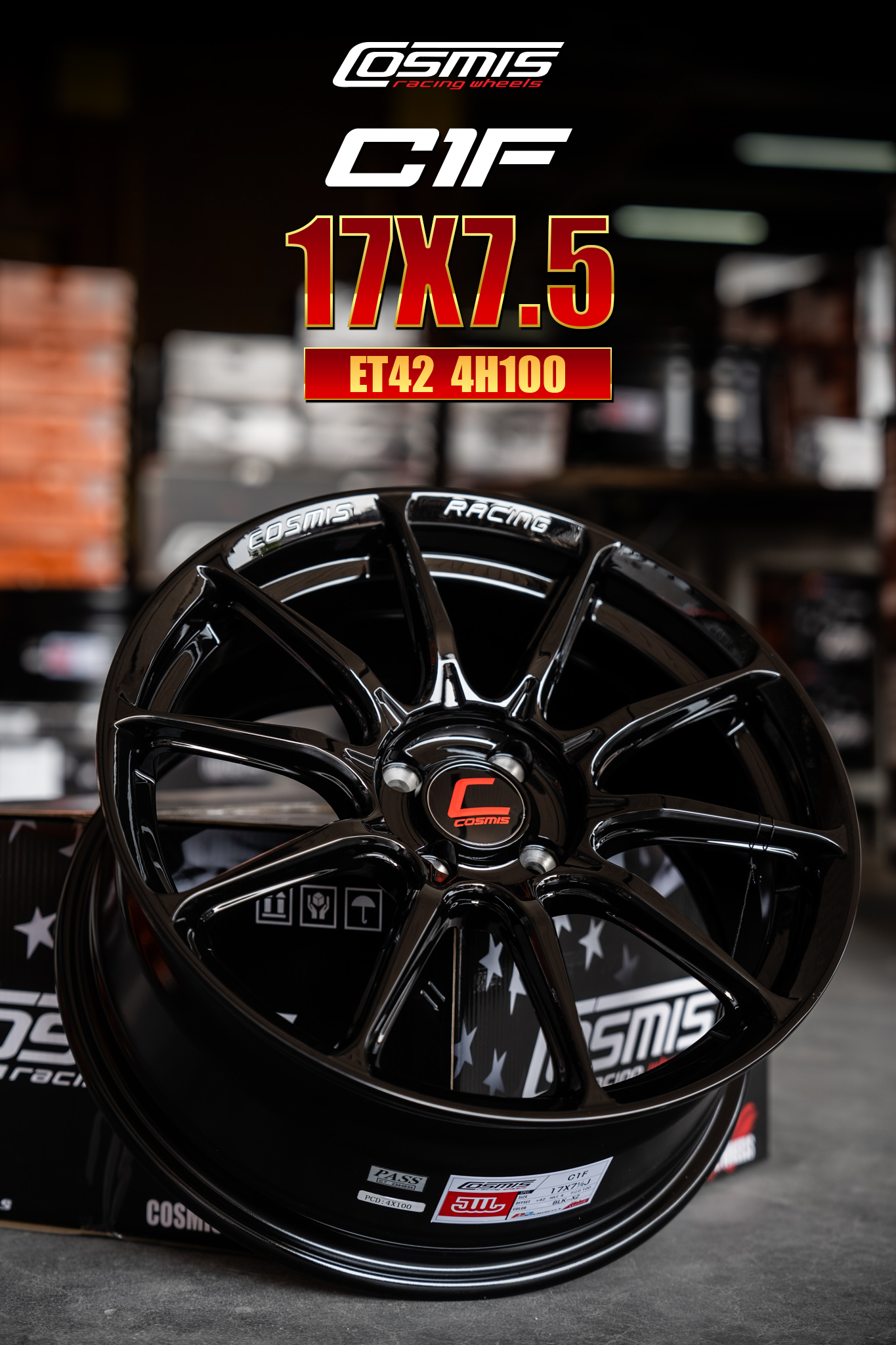 แม็กซ์ COSMIS C1F(YA3815) 17X7.5 4X100 ET42 CB.73.1 BLK-XZ (สีดำทั้งวงCNCตัวหนังสือเงา)