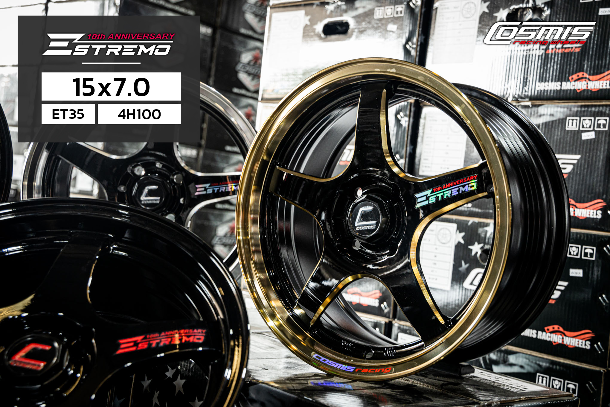 แม็กซ์ ESTREMO(YA047) 15X7.0 4X100 ET35 CB.67.1 B-LPTG-WTG-PLATE (สีดำ+ขอบไดร์ทอง+CNCข้างก้านไดร์ทอง+เพลท)