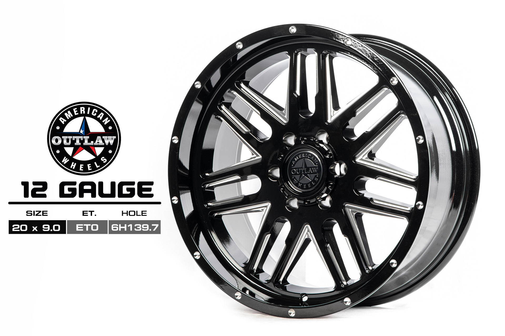 แม็กซ์ 12 GAUGE 20X9.0 6X139.7 ET-0 CB.106.1 FINISH GLOSS BLACK MILLING SPOKES AND RIVETS (สีดำ+มิลลิ่งข้างก้าน+หมุดเงินที่ขอบ)