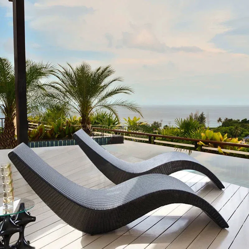 Synthetic rattan S shaped waterproof swimming pool chair wicker beach bed stacking sun lounger with cushions