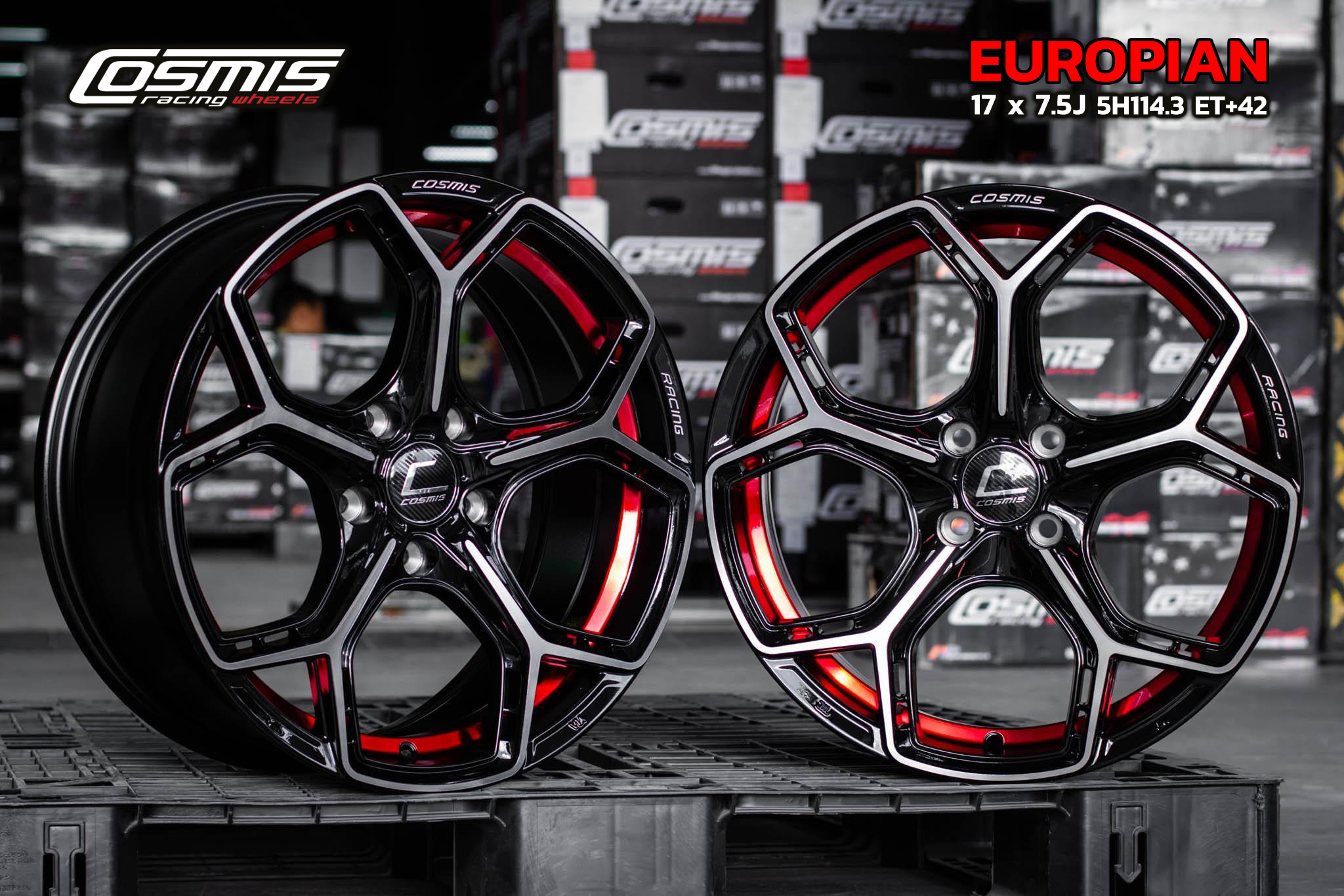 แม็กซ์ EUROPIAN(3368) 17X7.5 4X100 ET42 CB.73.1 (R)BP-XZ (สีหน้าเงาร่องดำท้องแดง+CNCตัวหนังสือ)
