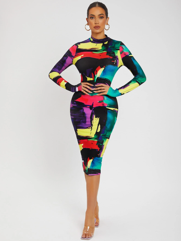 ชุดเดรสรัดรูป Bodycon แขนยาว ลายกราฟิกสีสันสดใส คอเต่า สไตล์สายฝอ