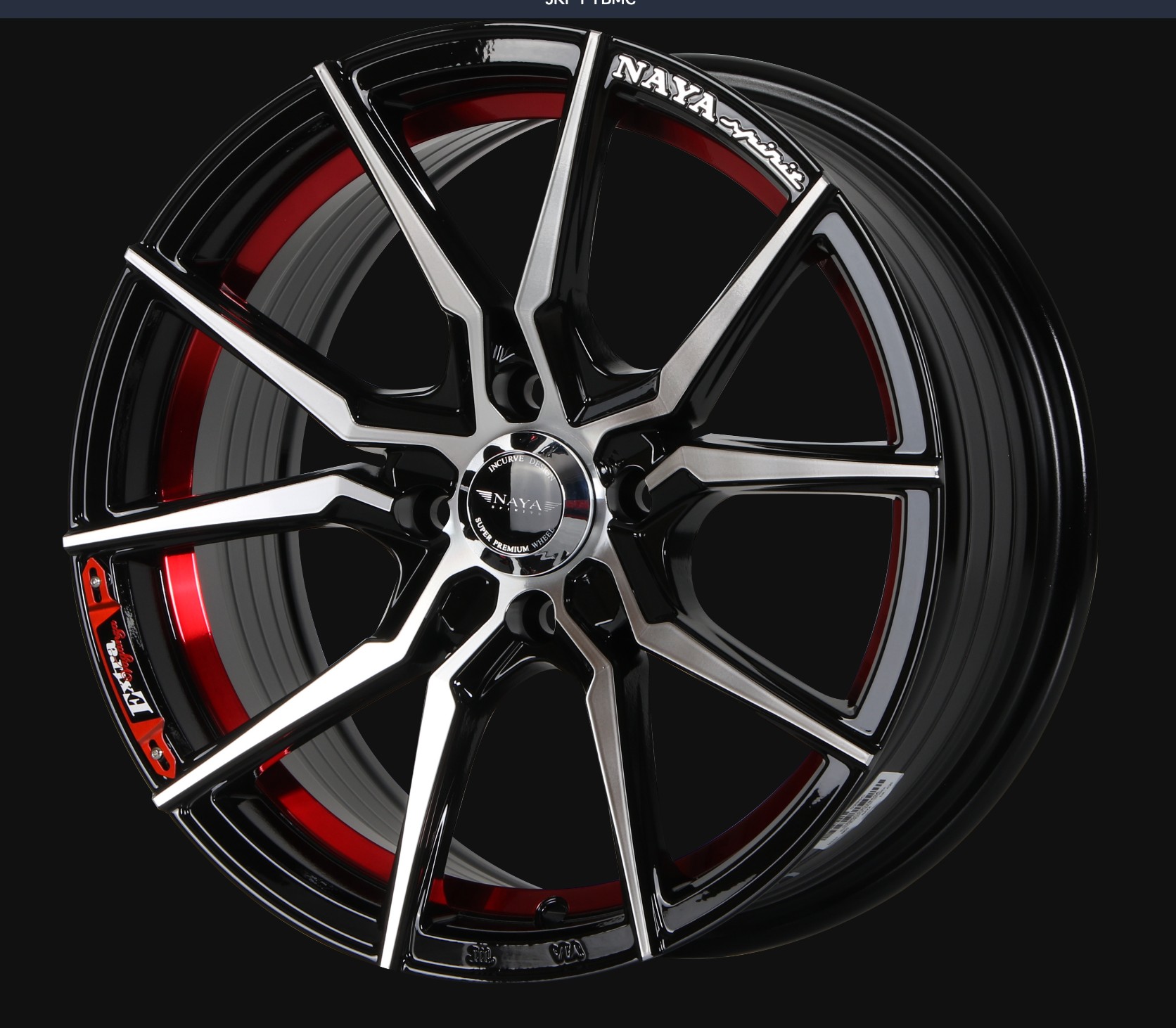 แม็กซ์ EVEREST-2PREMIUM(YA9961) 15X7.0 4X100 ET30 CB.67.1 ((R))B-P-X (สีหน้าเงาร่องดำท้องแดงกลึงตัวหนังสือ)