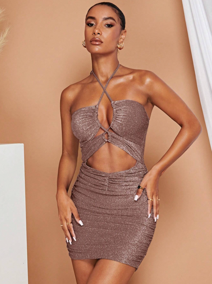 เดรสสั้นเปิดไหล่ กลิตเตอร์น้ำตาล ผูกเชือก เซ็กซี่ ปาร์ตี้