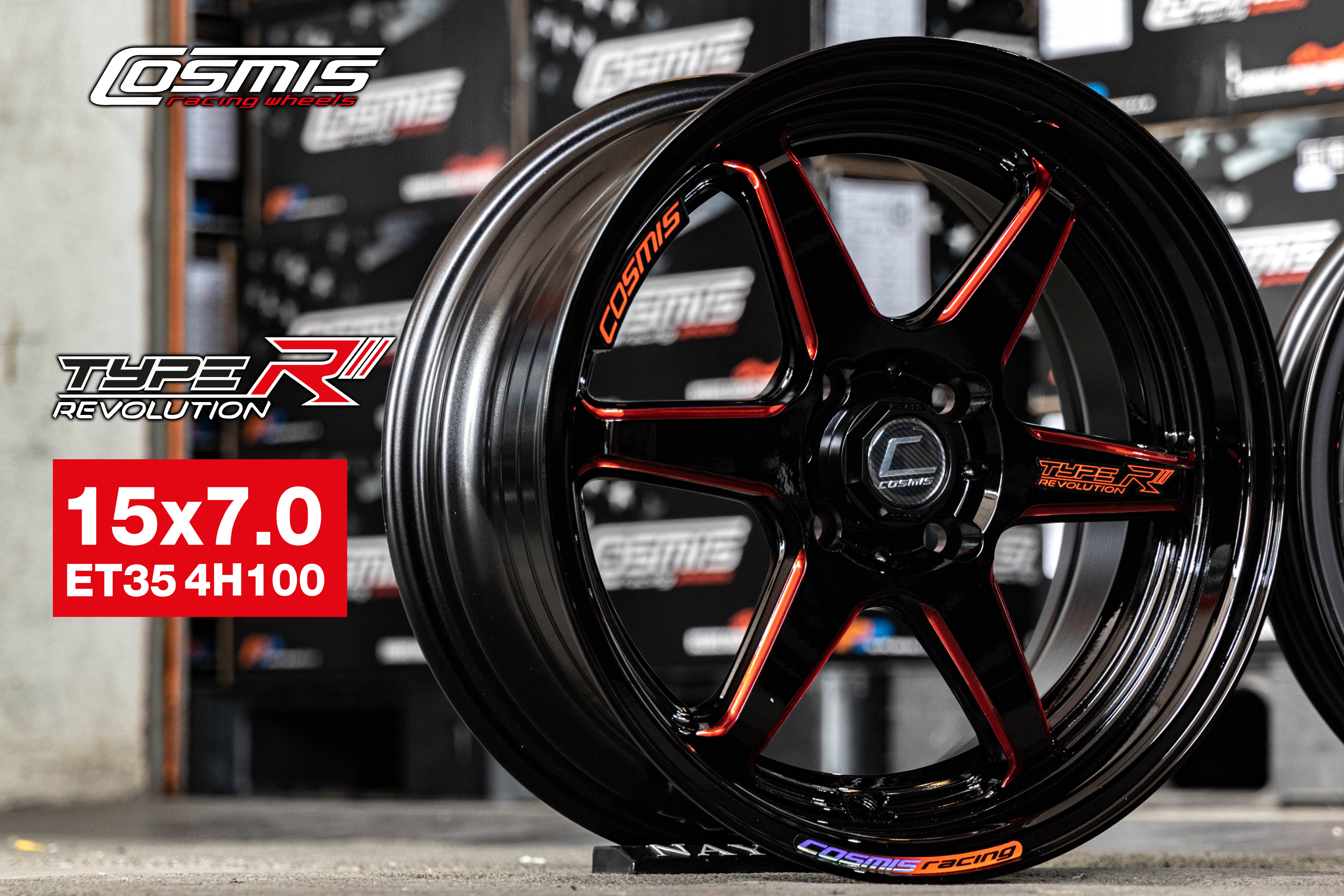 แม็กซ์ TYPE-R(YA9993) 15X7.0 4X100 ET35 CB.67.1 BLK-WR+PLATE (สีดำทั้งวง+มิลลิ่งข้างก้านแดง+เพลท)Custom