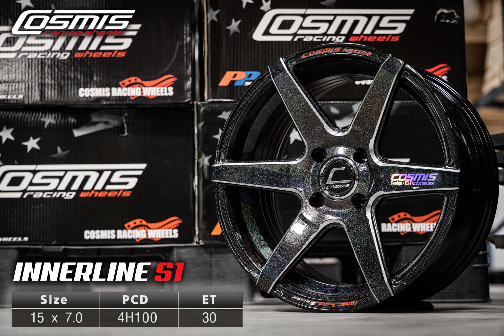 แม็กซ์ INNERLINE.S1(9929) 15X7.0 4X100 ET30 CB.67.1 *POWERSILVERBLACK-W+PLATE* (สีซิลเวอร์เข้มเฉดเพาเวอร์+CNCข้างก้าน+เพลท)Custom