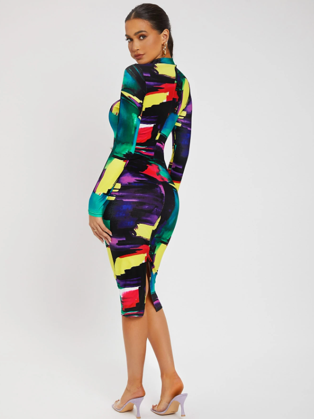 ชุดเดรสรัดรูป Bodycon แขนยาว ลายกราฟิกสีสันสดใส คอเต่า สไตล์สายฝอ