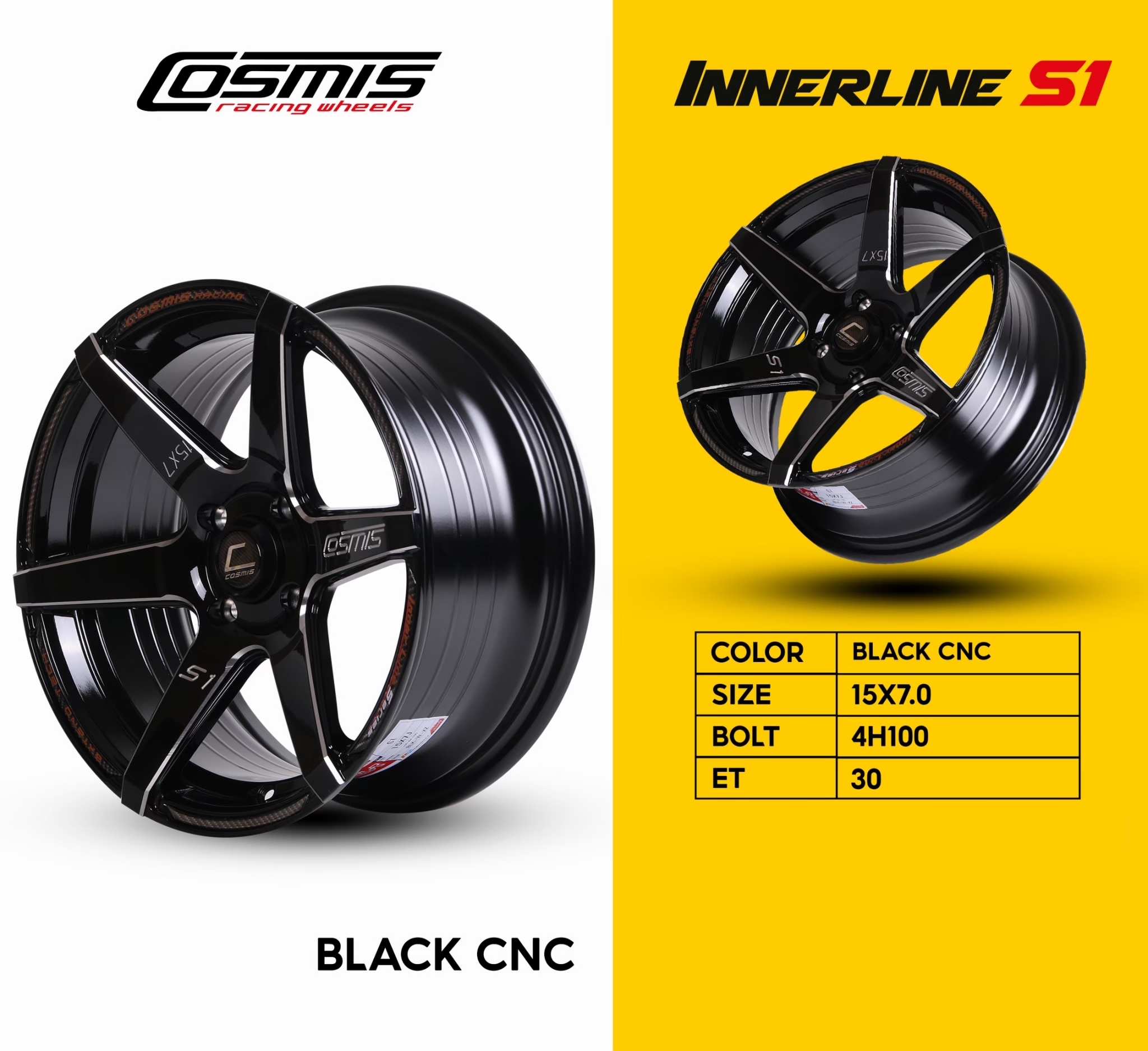 COSMIS INNERLINE S1 15X7.0 4H100 ET30 (สีดำเงา CNC ข้างก้านเงา)