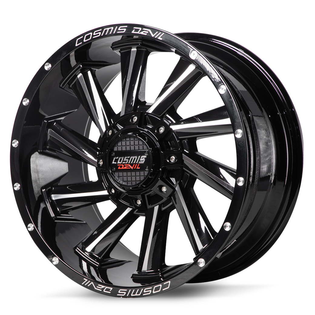 ล้อแม็กซ์ COSMIS DEVIL TWIN 16X9.5 6X139.7 ET0 CB.106.1 *GLOSS/BLACK/FACK(POLISH+RIM POLISHED)* (สีดำเงาทั้งวงกลึงเส้นหน้าเงา+CNCตัวหนังสือที่ขอบ+ขอบเงา) Custom