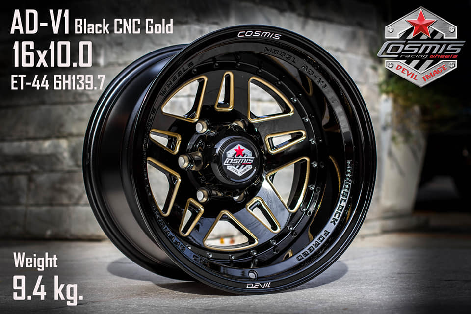 ล้อแม็กซ์ COSMIS DEVIL AD-V1 (3917) 16X10.0 6X139.7 ET-44 CB.106 BLK-WTG-XZ-BLACKREVEST (สีดำ+มุดดำ+CNCข้างก้านไดร์ทอง+CNCตัวหนังสือ)
