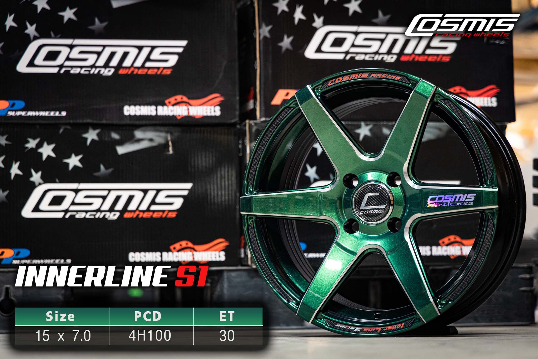 แม็กซ์ INNERLINE.S1(9929) 15X7.0 4X100 ET30 CB.67.1 *POWERGREEN-W+PLATE* (สีเขียวเกร็ดทั้งวง+CNCข้างก้าน+เพลท)Custom