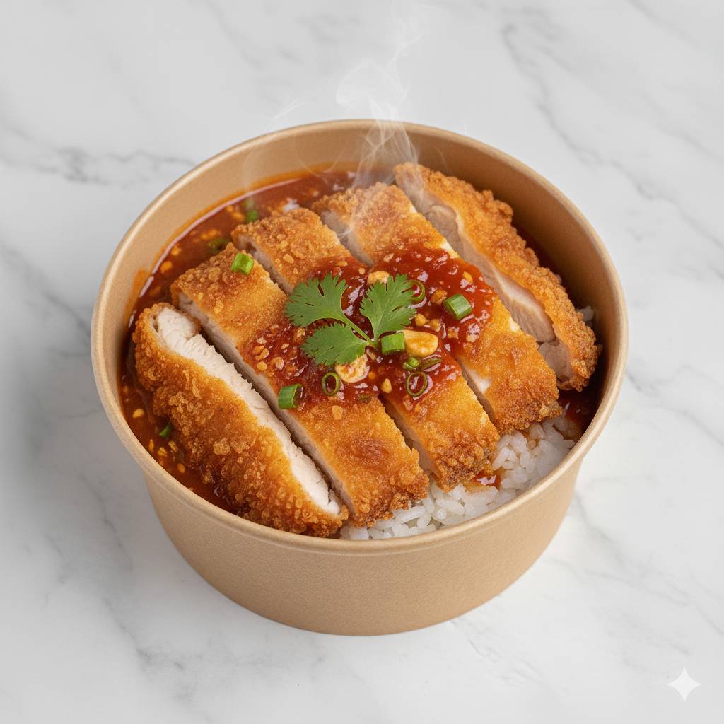 ข้าว+ไก่ทอดกรอบ+ราดซอส3รสชาติเผ็ดเปรียวหวาน 750 กรัม