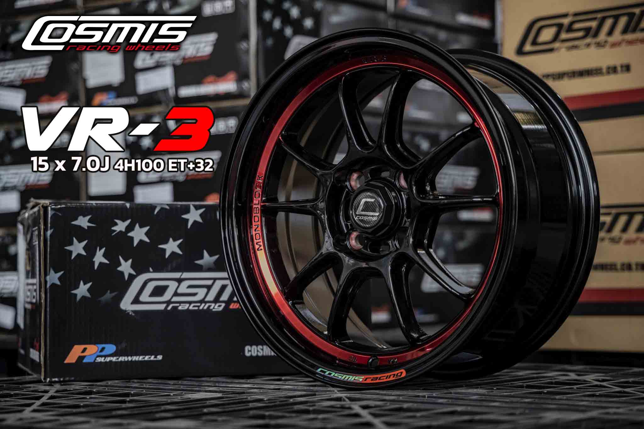 COSMIS VR-3 15X7.0 4H100 ET+32 (สีดำเงา ท้องสีแดง)