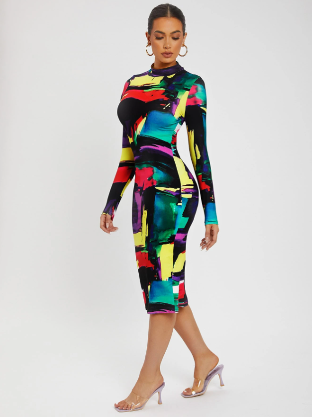 ชุดเดรสรัดรูป Bodycon แขนยาว ลายกราฟิกสีสันสดใส คอเต่า สไตล์สายฝอ